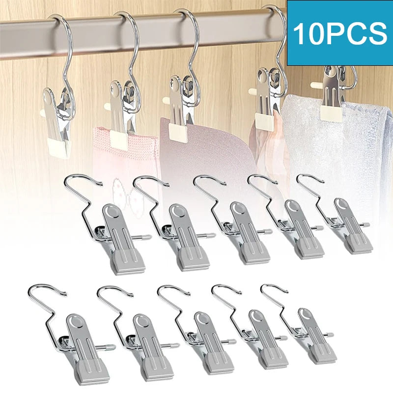 10pcs Stainless Steel Clothespins Laundry Pegs w/ Hook
