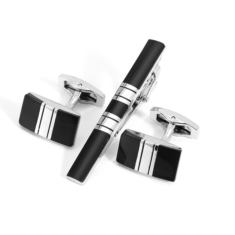Cufflinks and tie bar 3-piece set, silver-tone with black enamel