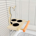 Bird cage perch stand with mirror and feed cups mounted in cage