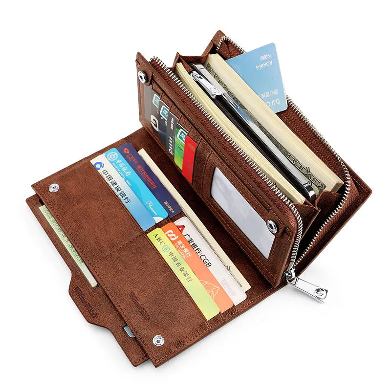 Cowhide Leather Long Wallet open showing card slots
