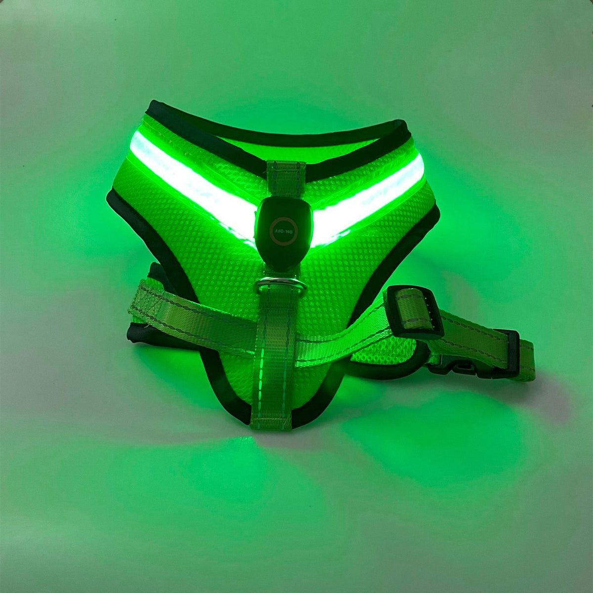 LED rechargeable dog harness glowing green