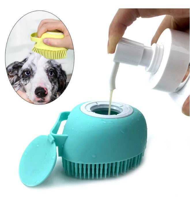 Silicone dog bath massage brush with shampoo dispenser in use