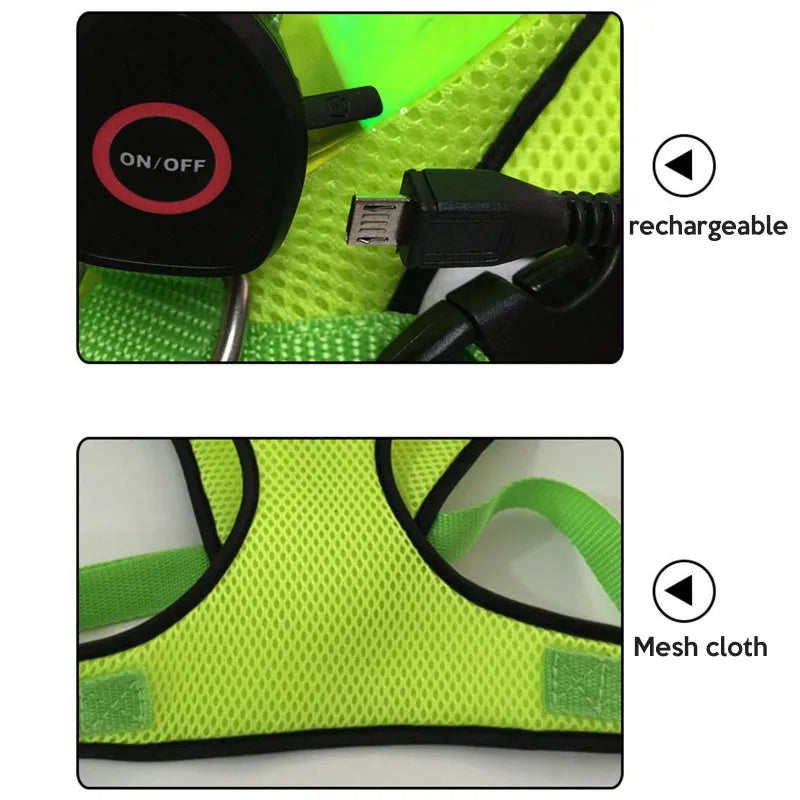 LED dog harness USB rechargeable port and mesh fabric detail