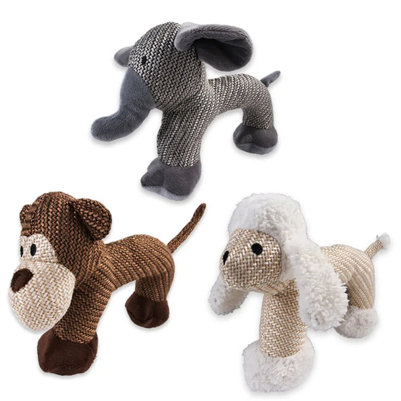 Plush squeaky dog toys elephant, monkey, and poodle designs