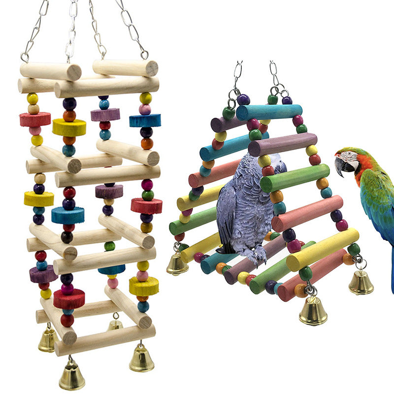 Parrot and macaw with colorful wooden climbing ladder toy
