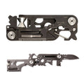 30-in-1 folding multitool shown open and closed with tool markings visible