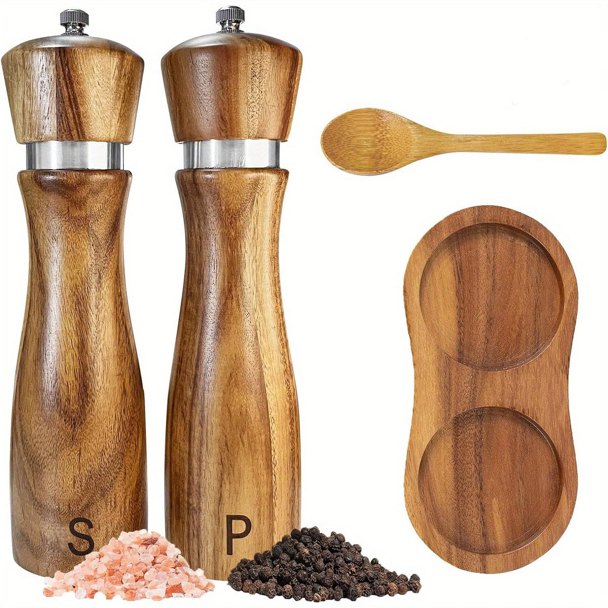 Acacia Wood Salt & Pepper Grinder Set with Tray