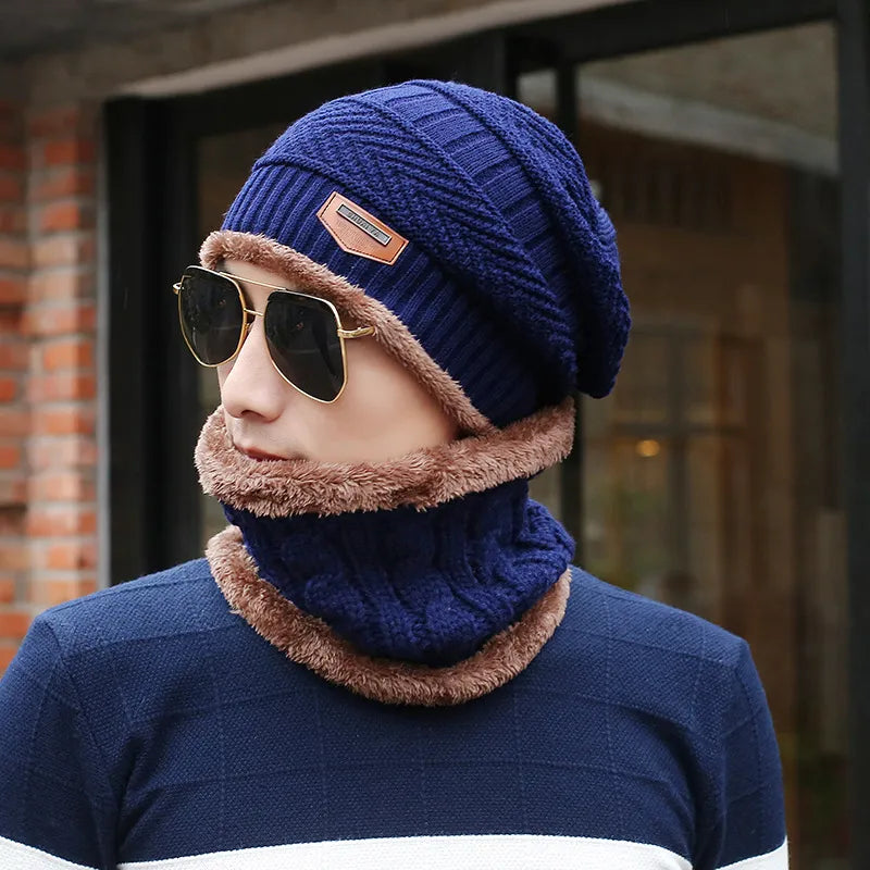 Fleece-Lined Knit Beanie navy blue with neck warmer