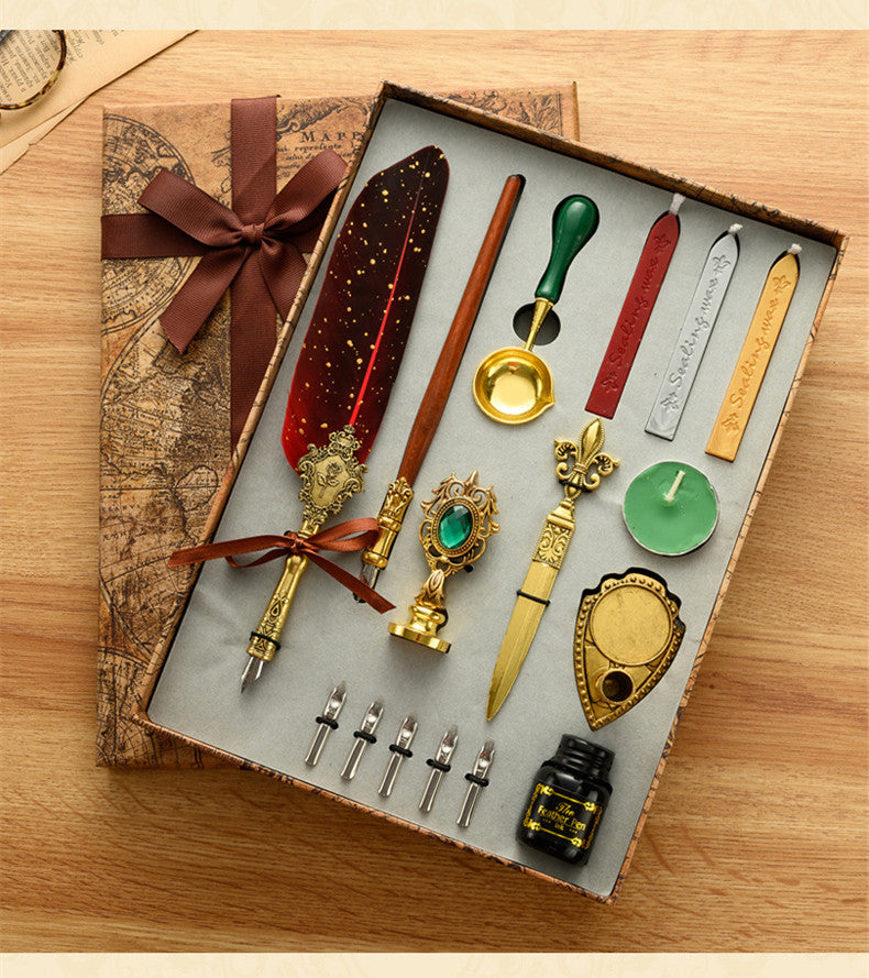 Antique Feather Dip Pen & Wax Seal Kit