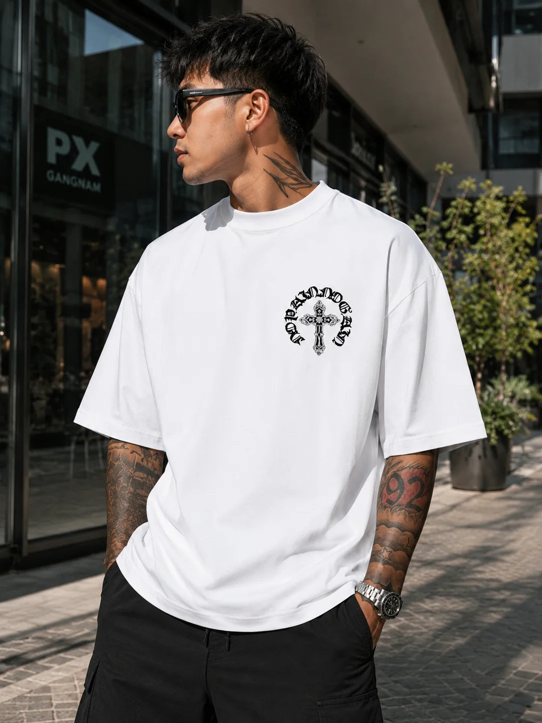 Oversized Vintage Gothic T Shirt Men Streetwear Back Print Cross Graphic Tee Y2K Harajuku Crew Neck Short Sleeve Tops S-XXL