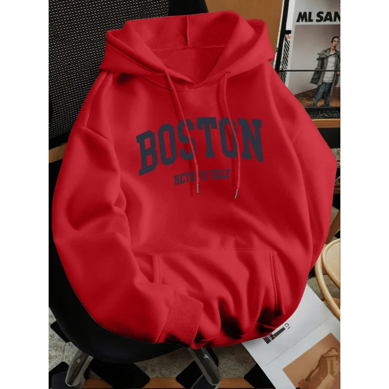 Men's Boston Print Loose Fit Pullover Hoodie