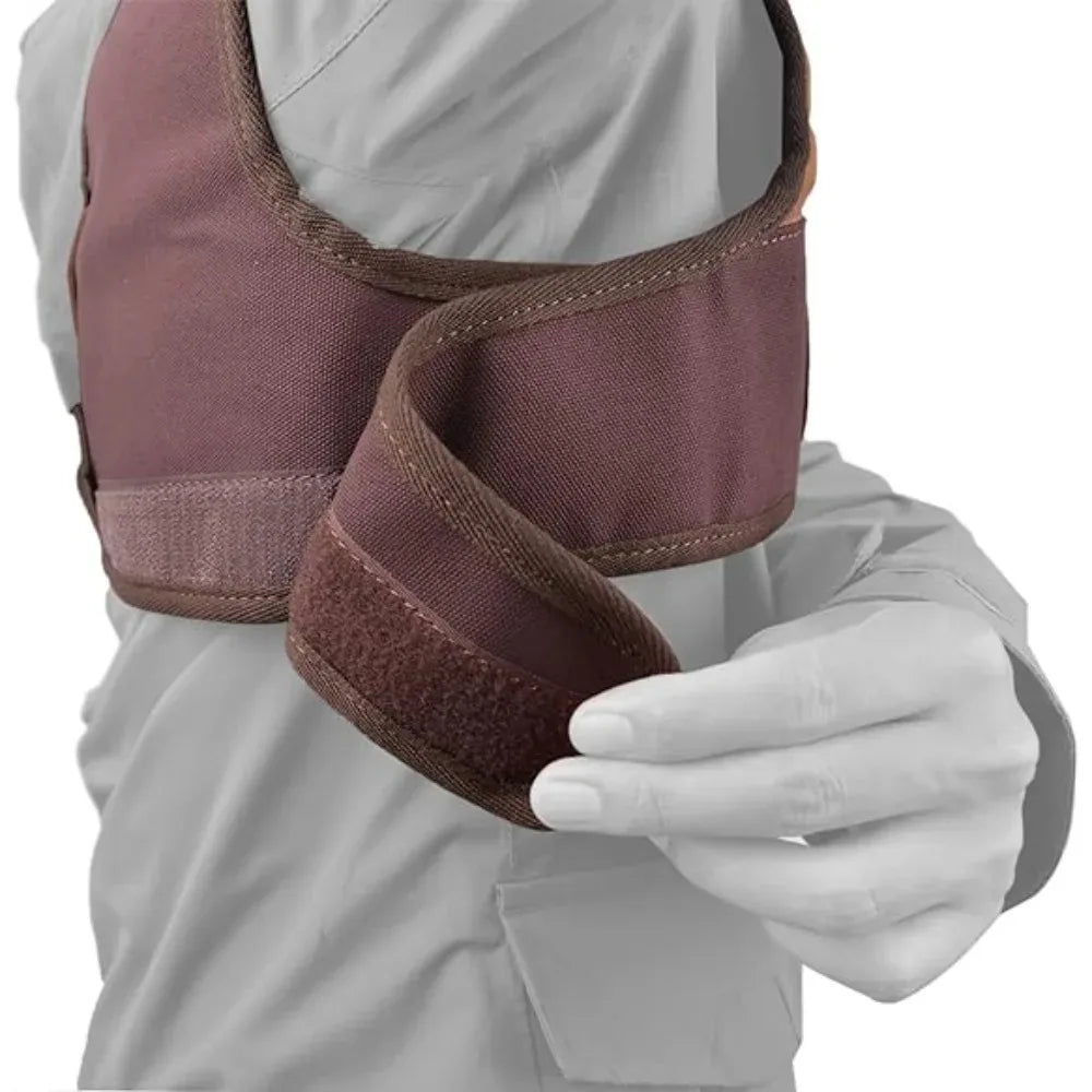 Suede leather shooting shoulder pad close-up