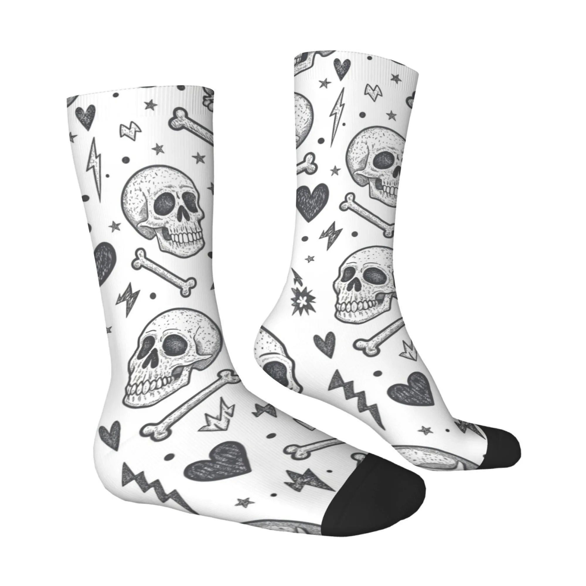 Black White Punk Skull Hand-drawn Crew Socks, Gothic Graffiti Print Mid-Calf Socks, Trendy Casual Wear for Men Women