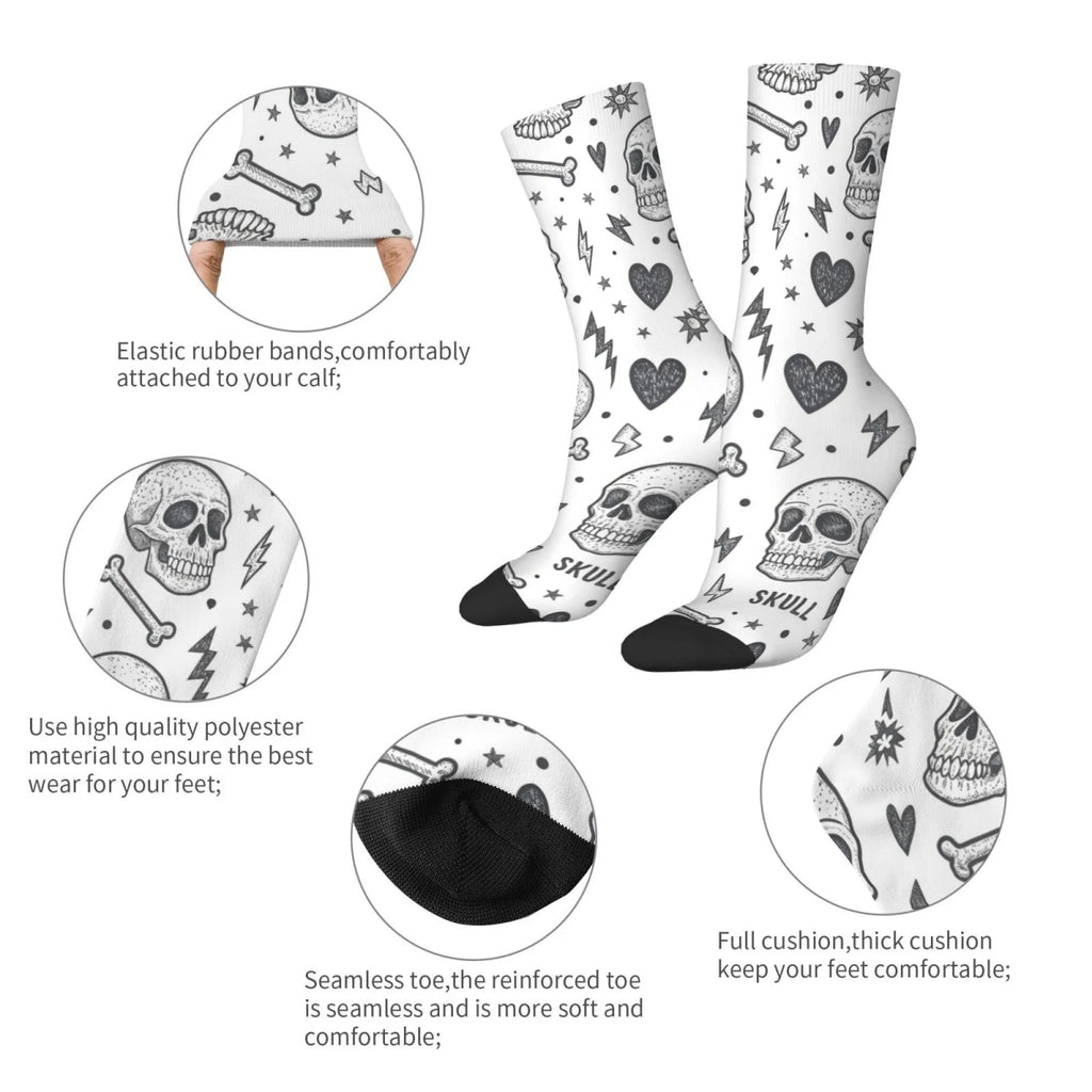 Black White Punk Skull Hand-drawn Crew Socks, Gothic Graffiti Print Mid-Calf Socks, Trendy Casual Wear for Men Women
