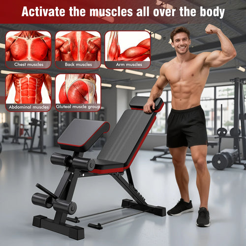 Banc de musculation pliable 7 niveaux, réglable, repose-tête étendu, extension de jambes, banc d'haltères inclinable pour l'entraînement complet du corps