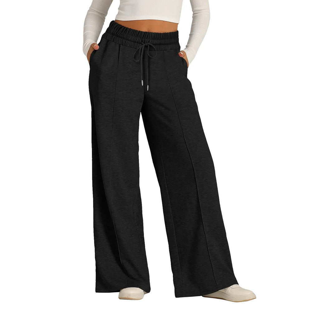 Pantalon de survêtement doublé polaire pour femme, jambe large, coupe droite, bas uni, fitness, jogging, voyage, basique