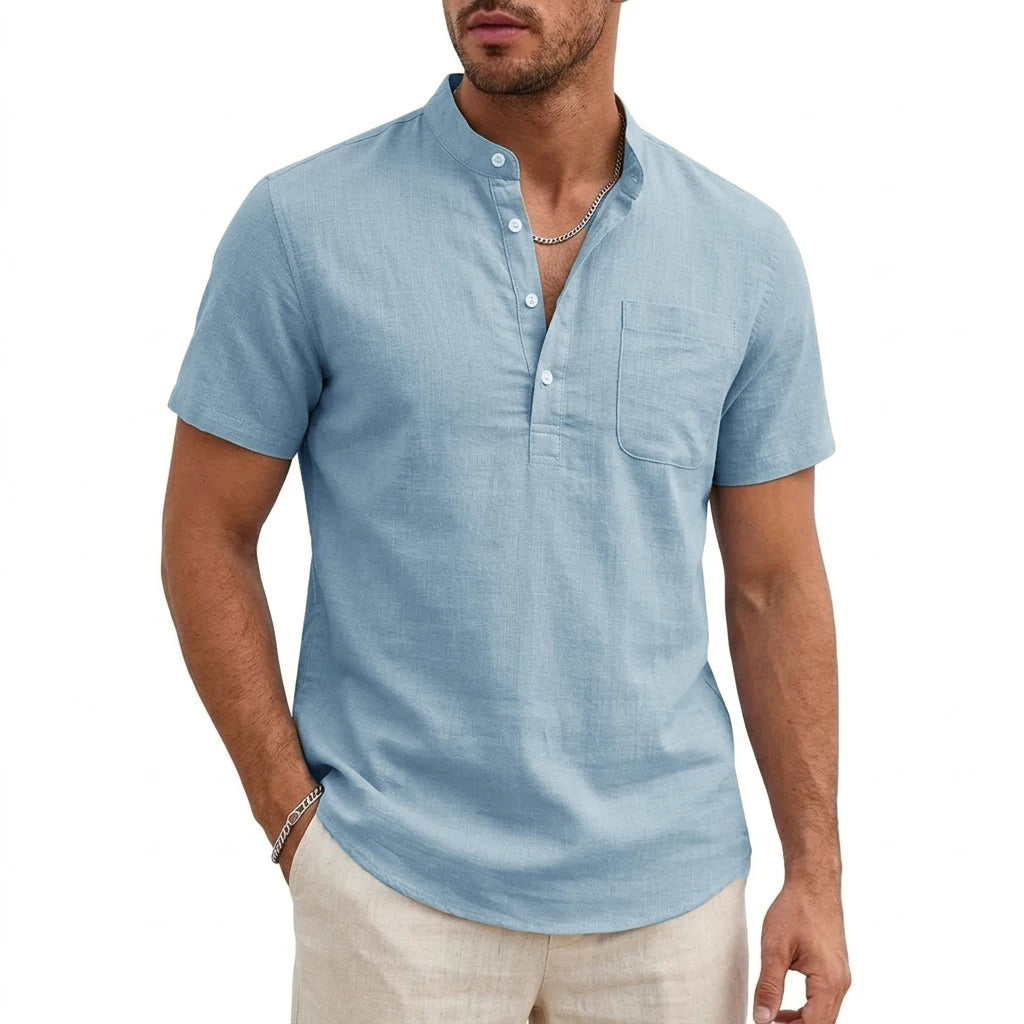 New Mens Henley T-Shirts for Men Short Sleeve Shirts Casual Tshirts Mens Summer Beach Cotton Linen Shirt Pocket Button Tee Top