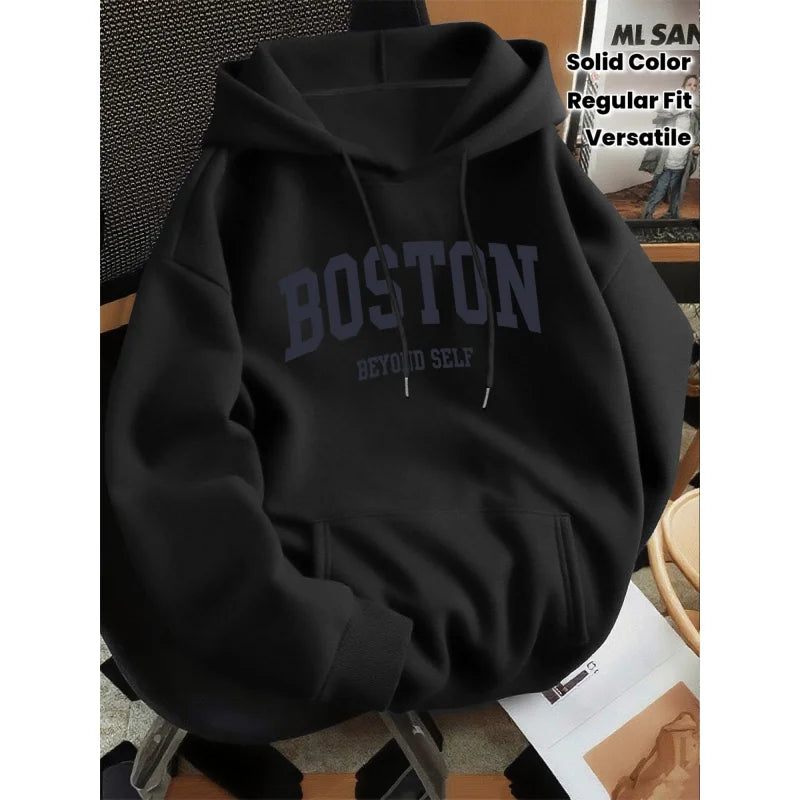 Men's Boston Print Loose Fit Pullover Hoodie