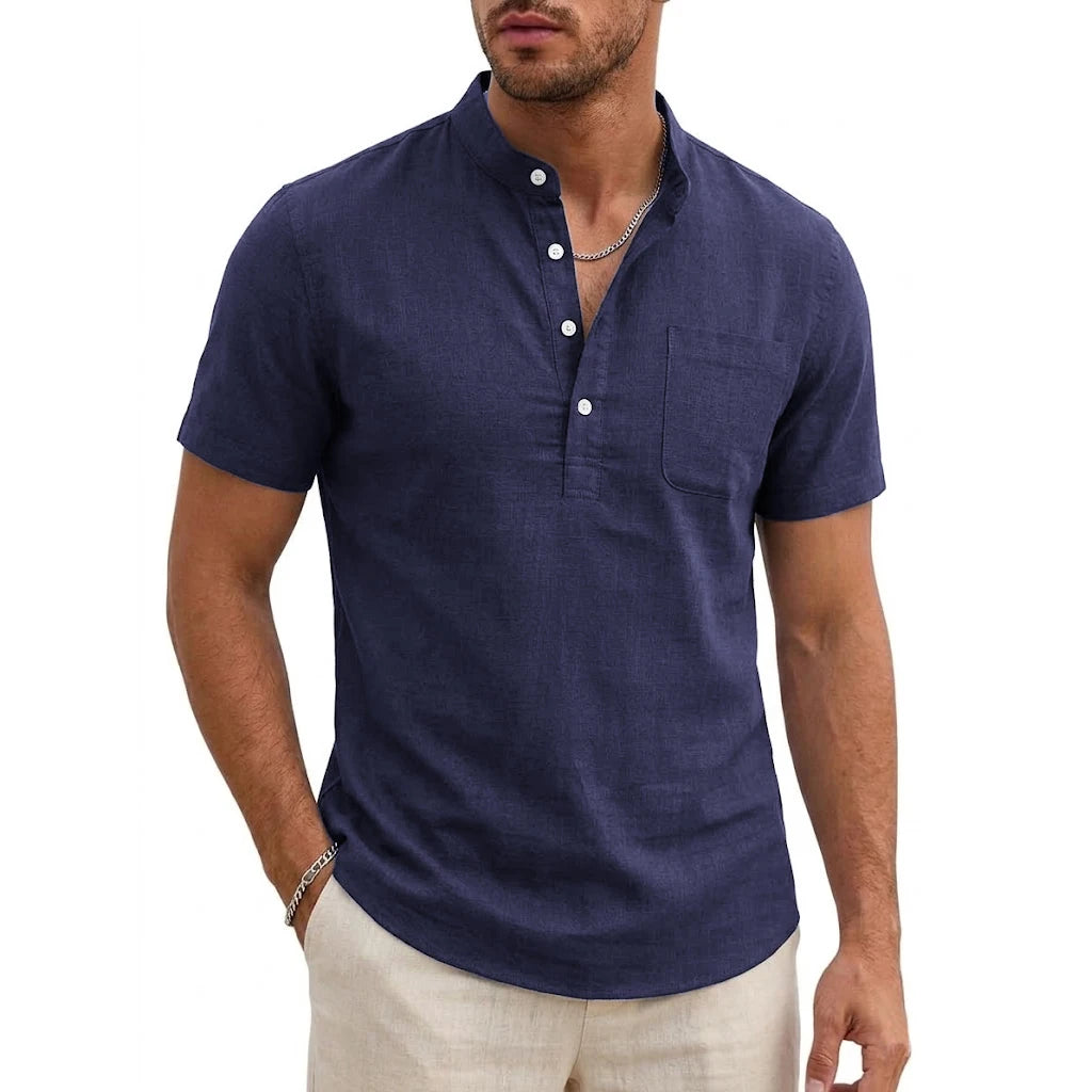 New Mens Henley T-Shirts for Men Short Sleeve Shirts Casual Tshirts Mens Summer Beach Cotton Linen Shirt Pocket Button Tee Top