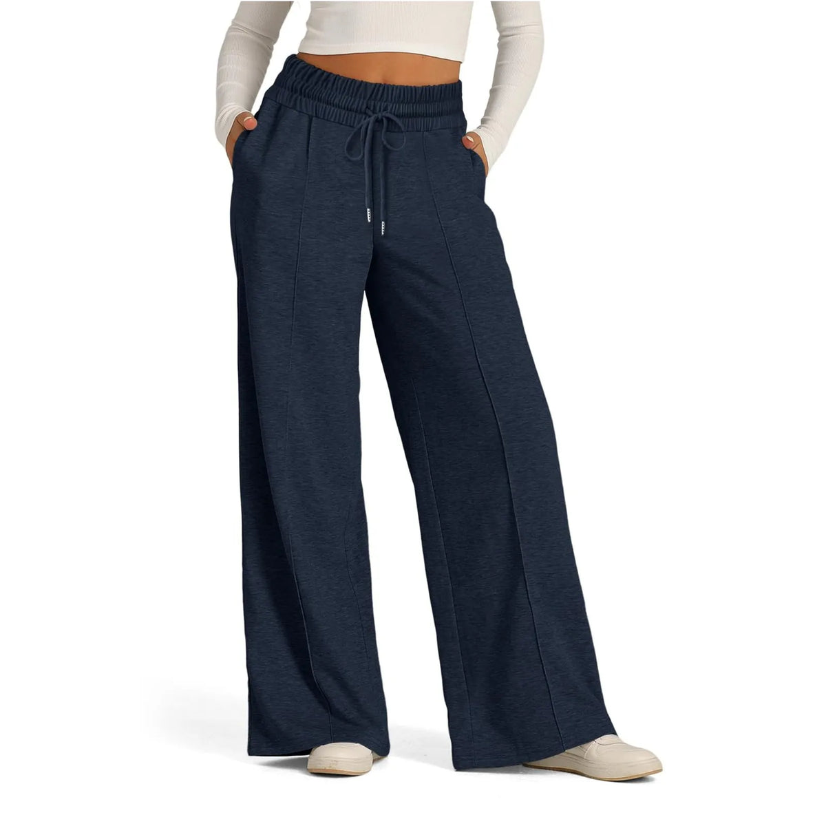 Pantalon de survêtement doublé polaire pour femme, jambe large, coupe droite, bas uni, fitness, jogging, voyage, basique