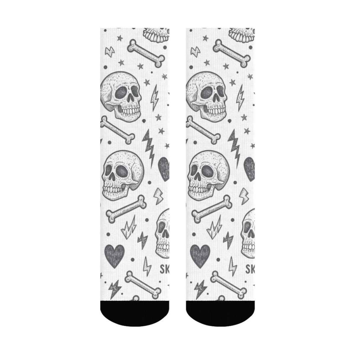 Black White Punk Skull Hand-drawn Crew Socks, Gothic Graffiti Print Mid-Calf Socks, Trendy Casual Wear for Men Women