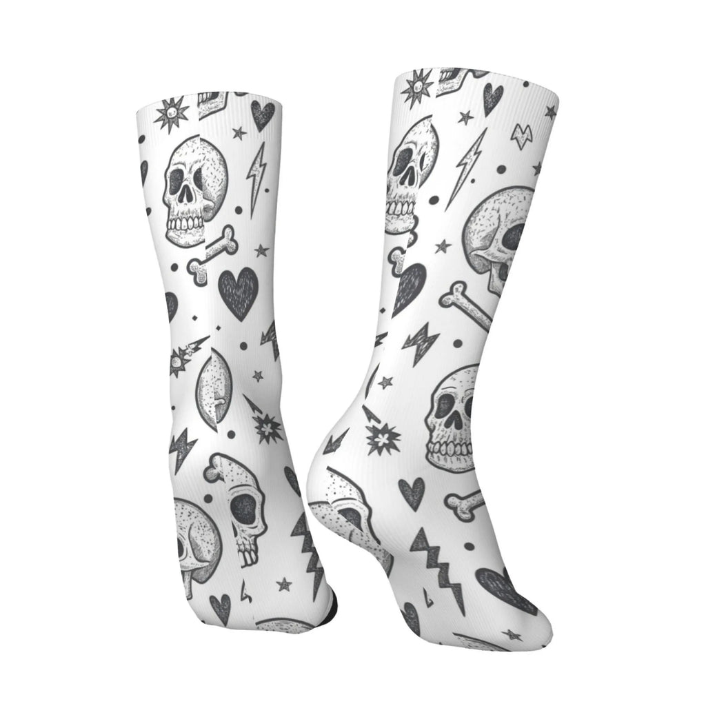 Black White Punk Skull Hand-drawn Crew Socks, Gothic Graffiti Print Mid-Calf Socks, Trendy Casual Wear for Men Women