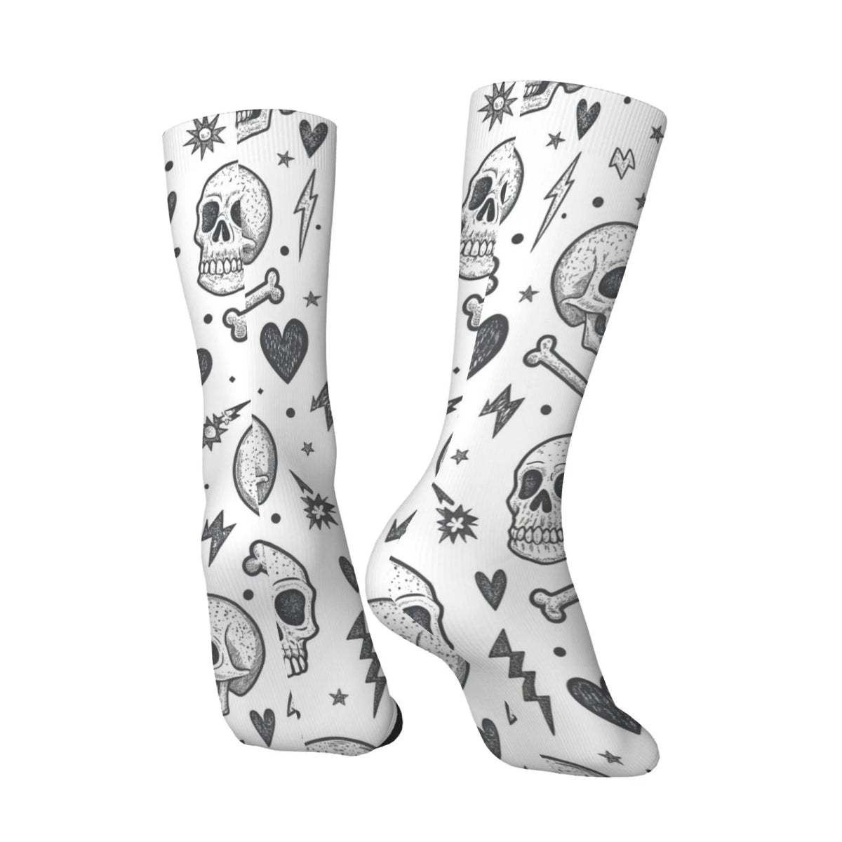Black White Punk Skull Hand-drawn Crew Socks, Gothic Graffiti Print Mid-Calf Socks, Trendy Casual Wear for Men Women