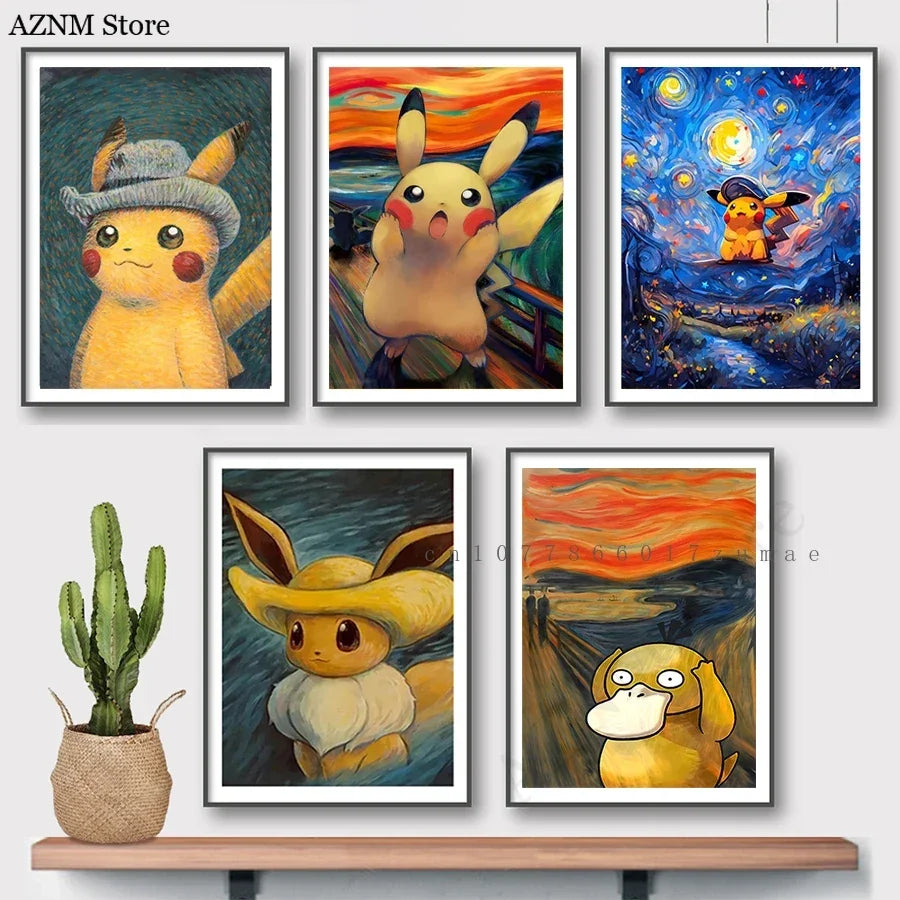 Pokmon Anime Character Pikachu Posters Van Gogh Museum Watercolor Canvas With HD Printed Wall art Pictures For Living Room Gifts