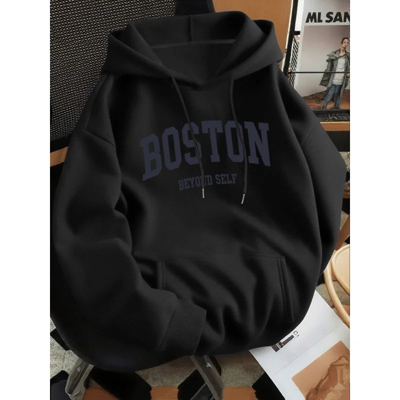 Men's Boston Print Loose Fit Pullover Hoodie