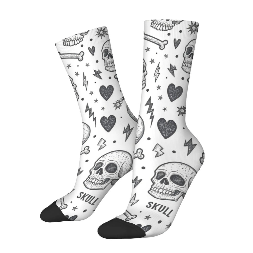 Black White Punk Skull Hand-drawn Crew Socks, Gothic Graffiti Print Mid-Calf Socks, Trendy Casual Wear for Men Women