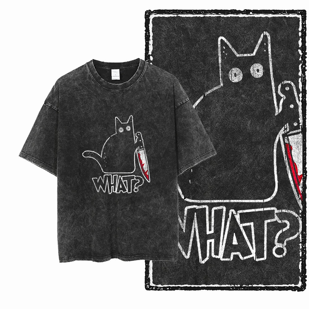 COOLMIND Cat Print Acid Washed Graphic Tee