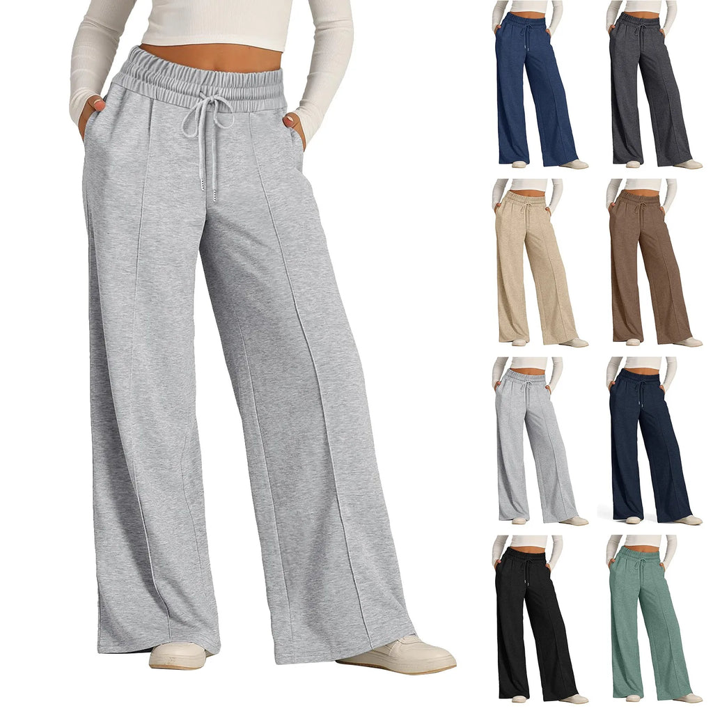 Pantalon de survêtement doublé polaire pour femme, jambe large, coupe droite, bas uni, fitness, jogging, voyage, basique