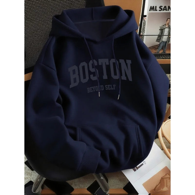 Men's Boston Print Loose Fit Pullover Hoodie