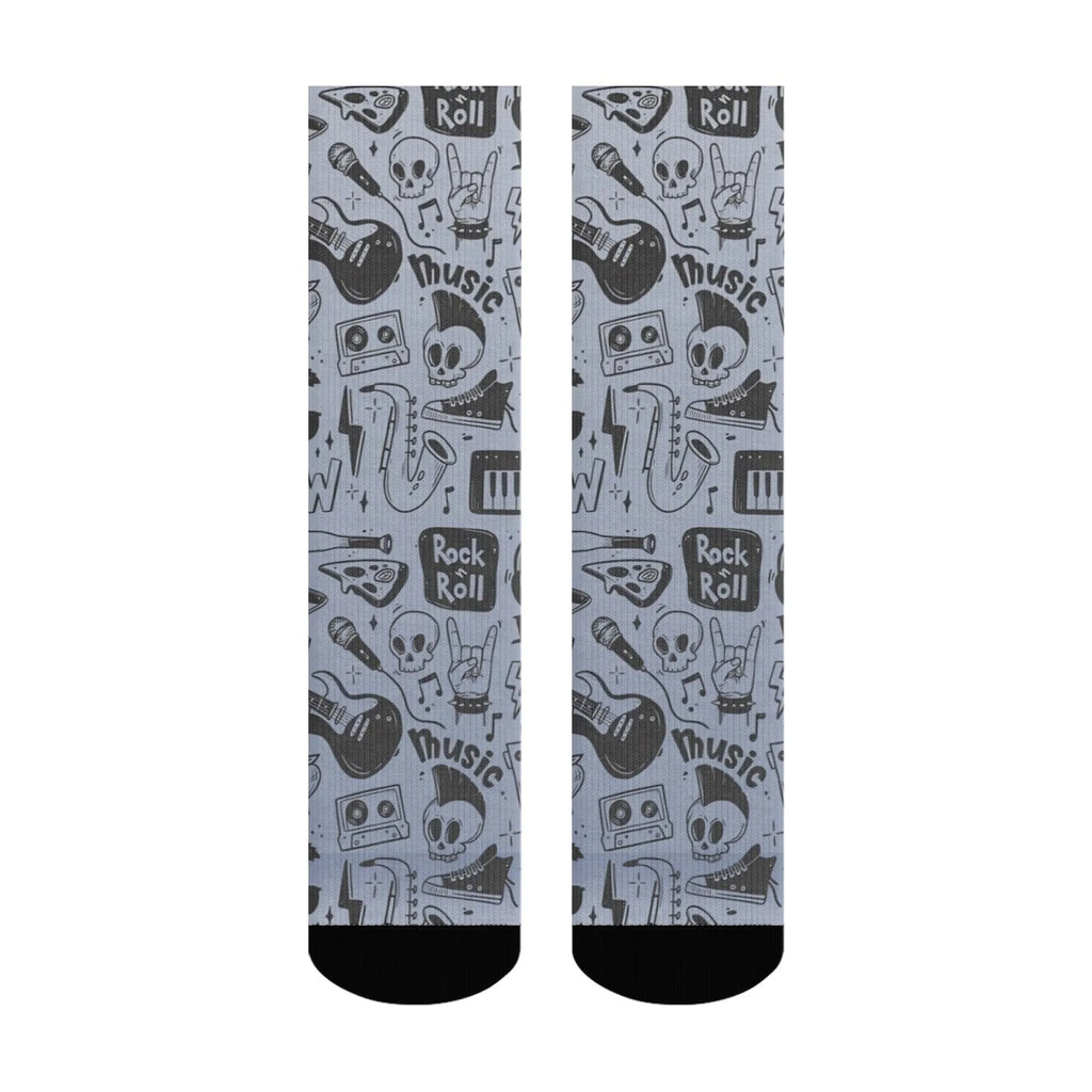 Black White Punk Skull Hand-drawn Crew Socks, Gothic Graffiti Print Mid-Calf Socks, Trendy Casual Wear for Men Women