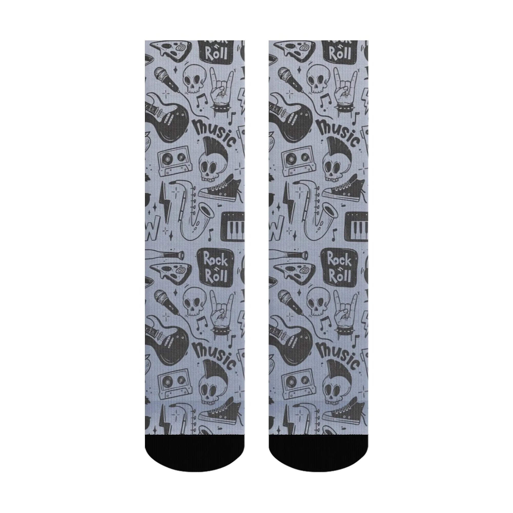 Black White Punk Skull Hand-drawn Crew Socks, Gothic Graffiti Print Mid-Calf Socks, Trendy Casual Wear for Men Women