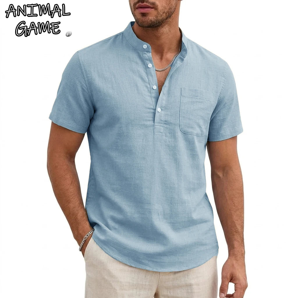 New Mens Henley T-Shirts for Men Short Sleeve Shirts Casual Tshirts Mens Summer Beach Cotton Linen Shirt Pocket Button Tee Top