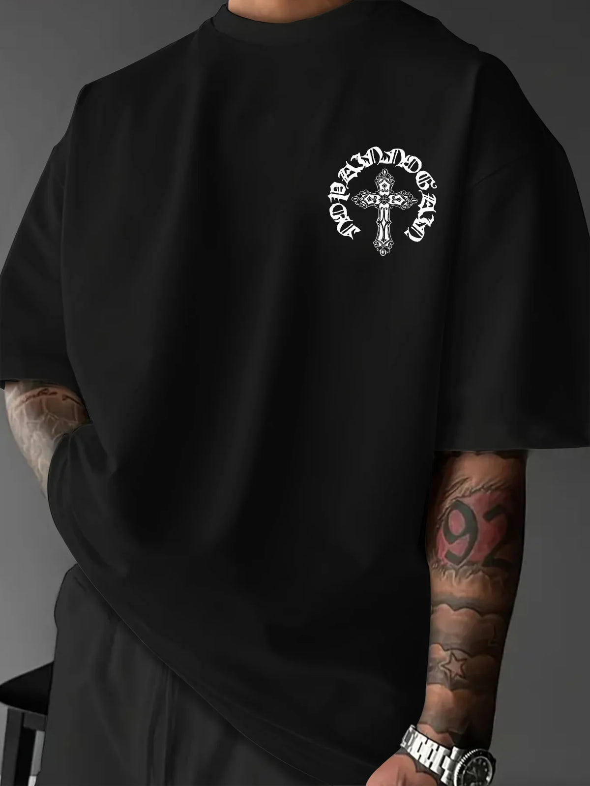 Oversized Vintage Gothic T Shirt Men Streetwear Back Print Cross Graphic Tee Y2K Harajuku Crew Neck Short Sleeve Tops S-XXL