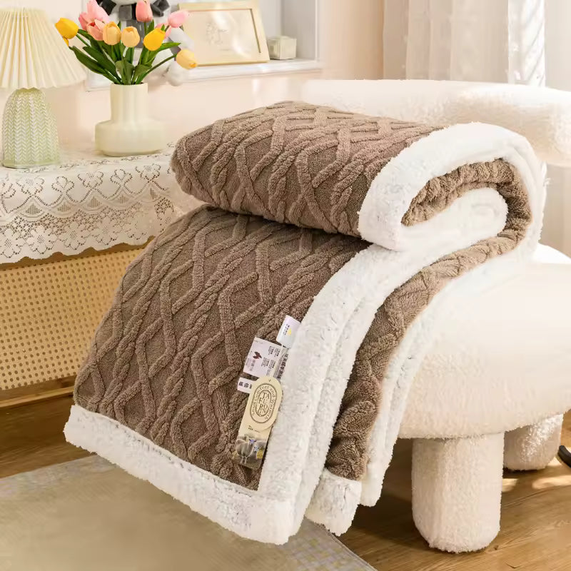 Sherpa fleece throw blanket on sofa