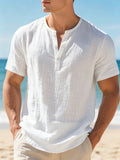 Men's Cotton Linen Henley Short Sleeve Shirt